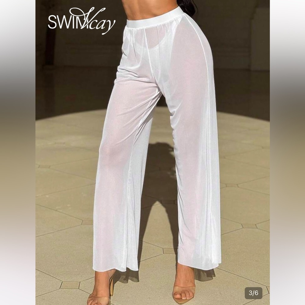 White Sheer Swim Coverup Pants for Swimwear Bikini Vacation Cover Up